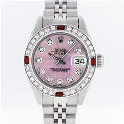 Rolex Stainless Steel Pink MOP Diamond and Ruby DateJust Ladies Watch