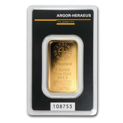 One pc. 1 oz .9999 Fine Gold Bar - Argor-Heraeus KineBar Design In Assay