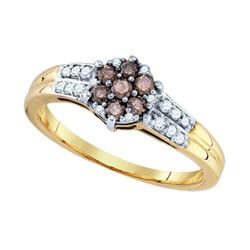 0.35CTW White and Champagne Diamond Flower 10KT Ring Yellow Gold