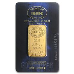 One pc. 1 oz .9999 Fine Gold Bar - Istanbul Gold Refinery In Assay