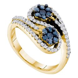 0.75CTW White and Blue Diamond Flower 10KT Ring Yellow Gold