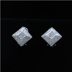 18K White Gold And Diamond Earring Round Shape Diamond-1.49ct Princess Shape Diamond(invisible Setti