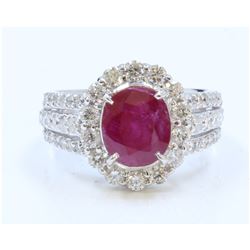 14K WHITE GOLD RING 7.6GRAM DIAMOND 1.42CT RUBY CENTER OVAL 3.15CT