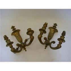 A PAIR OF BRASS WALL LIGHT FITTINGS, 20th Century, urn shaped, for two electrically operated ligh...