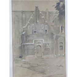 MONNIKENDAM, architectural study, ink wash heightened with body colour, signed lower right, 31cm...