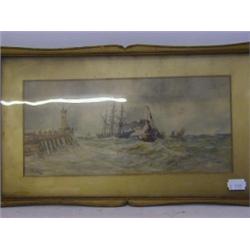 CANNON, W, late 19th Century, Seascape view from a pier, steamtug and sailing ships, watercolour,...