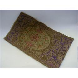 A BULLION WORK TABLE RUNNER, late 19th century, possibly Portugese, oval floral panels, 135cm by...