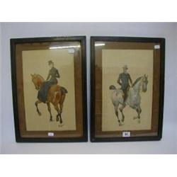 A PAIR OF EQUESTRIAN PRINTS, c1890, a lady in hunting costume, a gentleman in hacking dress, chro...