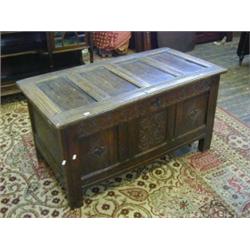 AN OAK CHEST, 17th Century and later, replacement hinges, lunette and lozenge carved front, stile...