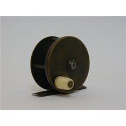 A BRASS FISHING REEL, 19th Century, bone handle, engraved 'C.Evilow & Co, makers, 194 Strand, Lon...