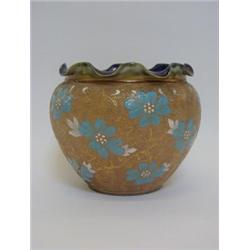 A ROYAL DOULTON SLATERS PATENT JARDINIERE, early 20th Century, wavy rim, blue flowers on a textur...