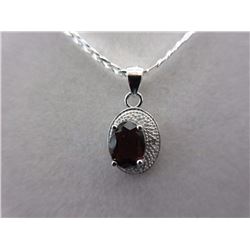 NECKLACE -  OVAL FACETTED GARNET & DIAMOND IN STERLING SILVER PENDANT - INCLUDES STERLING SILVER CHA