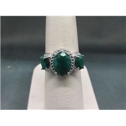 RING - 3 EMERALDS & DIAMOND DINNER RING - 2.95CT OVAL CENTER EMERALD - ALL IN STERLING SILVER SETTIN