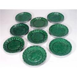 Nine Victorian green glazed Majolica plates…