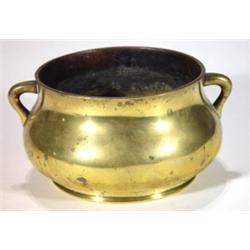 Twin handled Japanese brass pot, impressed …