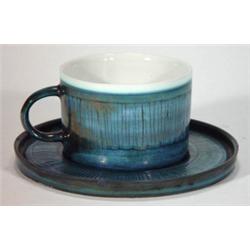 Blue glazed early Troika cup and saucer, ma…