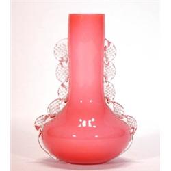 Opaque pink glass vase with clear handles, …