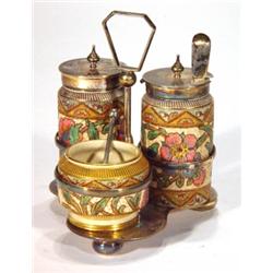 Victorian three piece pottery cruet set, ha…
