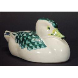 Rye pottery duck, hand painted with blue fe…