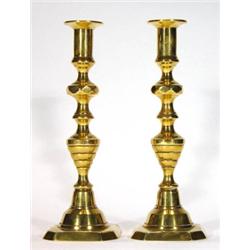 Pair of Victorian square based brass candle…