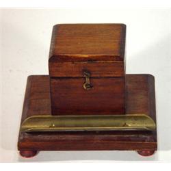 Oak and brass inkwell with glass liner and …