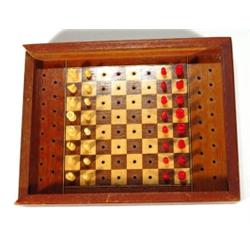 Mahogany and pearwood travelling chess set …