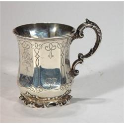 Victorian hexagonal silver mug with leaf ha…