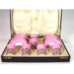 Leather cased set of six pink and gilt porc…