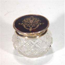 Cut glass pot with silver and tortoiseshell…