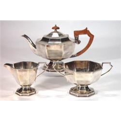 Three piece silver plated octagonal teaset,…