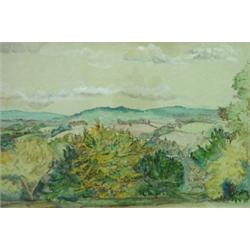 Watercolour of hills, trees and bushes, 42c…