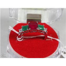 #82-GREEN EMERALD,RUBY &CZ RING,925 STERLING SILVE