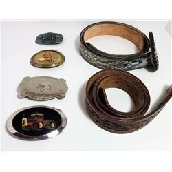 LOT OF 4 BELT BUCKLES & 2 TOOLED BELTS