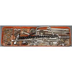 TRAY OF MECHANICS TOOLS, WRENCHES, RATCHETS,