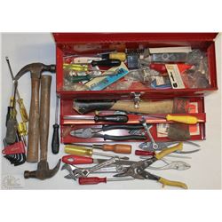 RED TOOL BOX WITH HATCHET, HANDTOOLS AND MORE