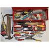 Image 1 : RED TOOL BOX WITH HATCHET, HANDTOOLS AND MORE