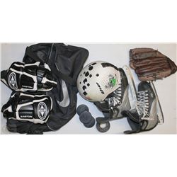 BAG OF SPORTS EQUIPMENT INCL REEBOK SIZE 9 SKATES