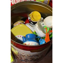 ROUND TIN WITH CHILD TOY CUPS, SAUCERS, POTS  &