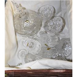 BASKET OF CRYSTAL INCL CANDLE HOLDERS, GLASSES,
