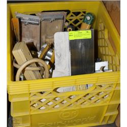 MILK CRATE WITH DRY WALL POLE SANDERS, TROWELS,