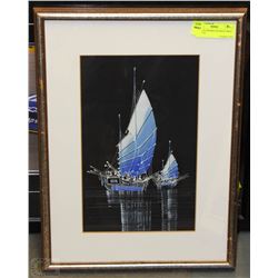 VINTAGE FRAMED SAILBOAT PRINT - 19" X 14"