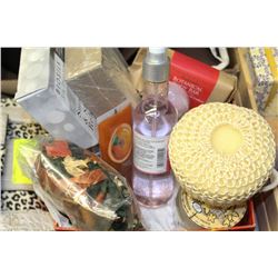 BOX OF BATH PRODUCTS INCL SOAP, CANDLES, AND MORE