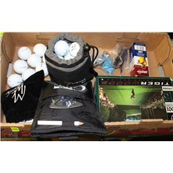 BOX WITH ASSORTED GOLF WARE INCL BALLS, TEES,