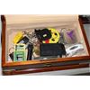 Image 1 : WOODEN BOX WITH MULTI TOOL. KEY CHAINS AND MORE