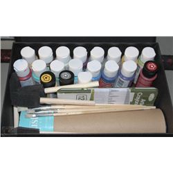 BOX WITH ASSORTED PAINTING SUPPLIES,ACRYLIC PAINTS