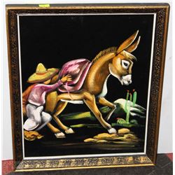 FRAMED VELVET DONKEY PAINTING - 19"X16"