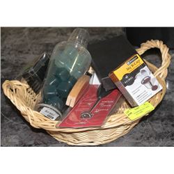 BASKET OF BARWARE INCL. WINE STOPPERS, ICE CUBES