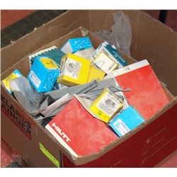 BOX OF ASSORTED FASTENERS, HARDWARE, AND MORE!