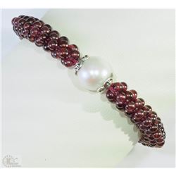 #7-STERLING SILVER GARNET & PEARL BRACELET
