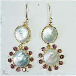 #10-SILVER & GOLD PLATED GARNET&PEARL EARRINGS